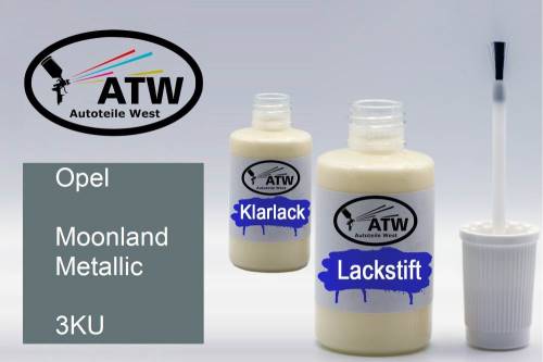 Opel, Moonland Metallic, 3KU: 20ml Lackstift + 20ml Klarlack - Set, von ATW Autoteile West.